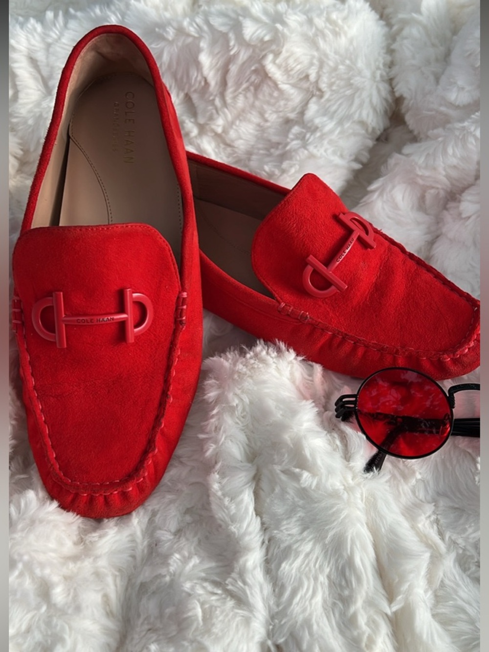 Cole Haan Red Suede Moccasin Loafers with Bit Detail